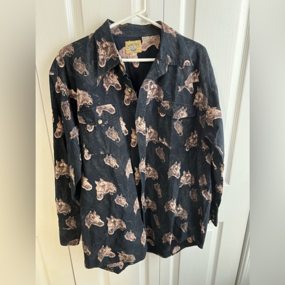 Moda Tech‎ Black Long Sleeve Button Up Horses Rodeo Men's Size XLT Equestrian